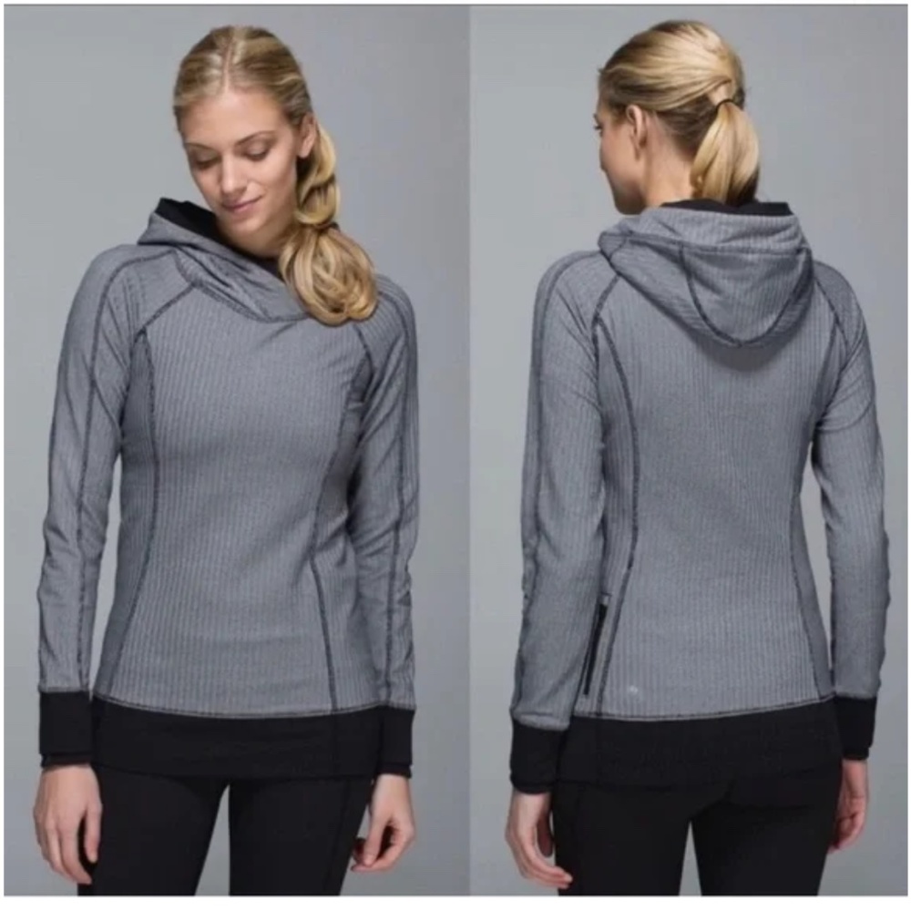 Lululemon Think Fast Hoodie Heathered Herringbone Black Chevron Pullover Size 2